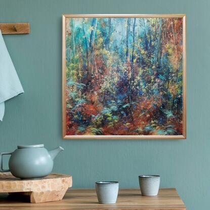 Soft impressionistic painting of forest understorey with dense layers of foliage and eucalypt saplings in Bohemian eclectic palette of ochre, peach, teal and mauve. 