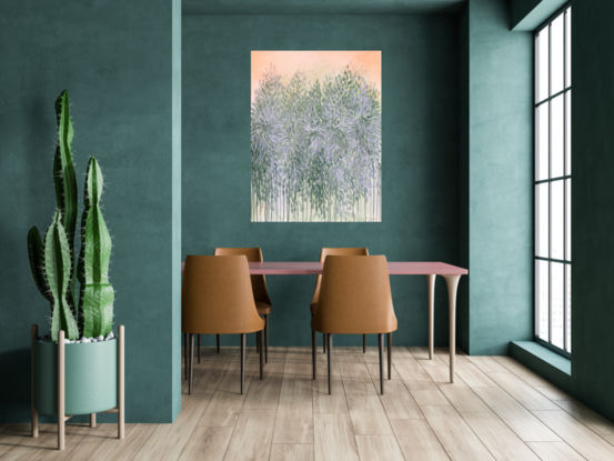 Patel green and pink abstract landscape art by Sydney artist Leni Kae. 