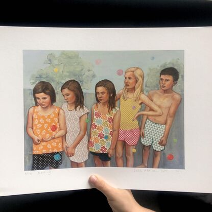 Painting of five children waiting in a line on a summers day.