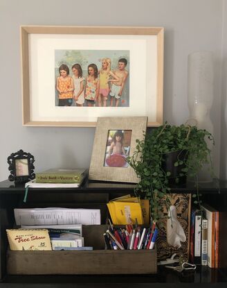 Painting of five children waiting in a line on a summers day.