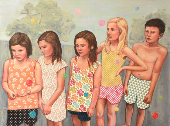 Painting of five children waiting in a line on a summers day.