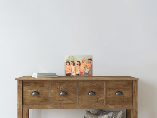 Painting of five children waiting in a line on a summers day.