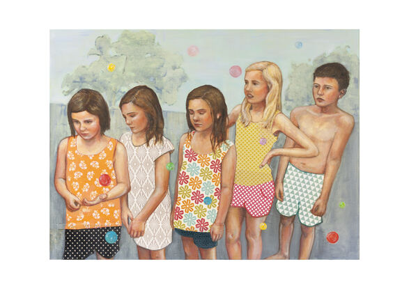 Painting of five children waiting in a line on a summers day.