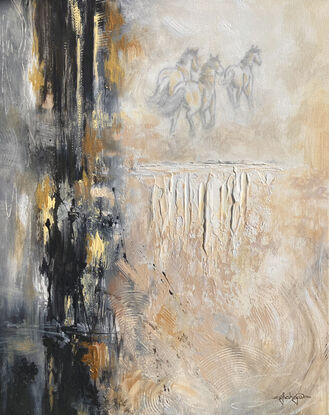 Modern textured painting of Brumbies running in the distance