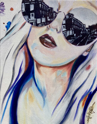 Modern portrait of girl wearing sunglasses with cityscape in reflections