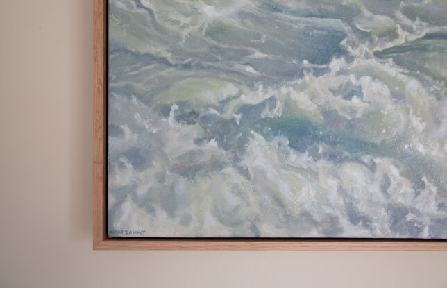 A close up painting of a crashing wave.