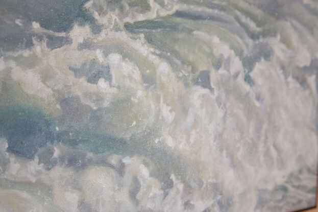 A close up painting of a crashing wave.