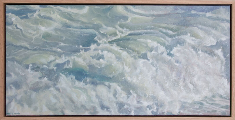 A close up painting of a crashing wave.