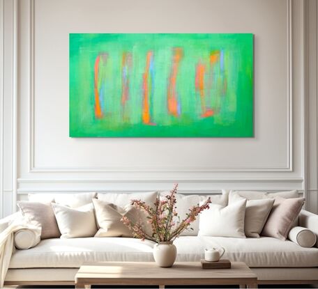 In creating this piece, Evans explored the vibrant interplay of colors to evoke renewal and growth. The vivid streaks over a lush green field represent the unstoppable force of life and energy. This color field painting expresses through abstract forms, a dynamic, uplifting spirit... invigorating its environment with a sense of freshness and vitality.