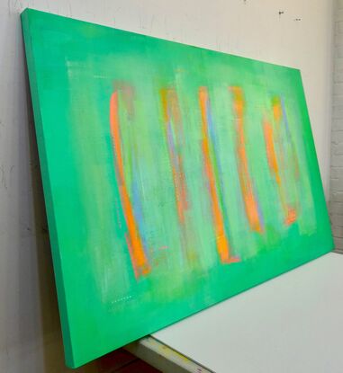 In creating this piece, Evans explored the vibrant interplay of colors to evoke renewal and growth. The vivid streaks over a lush green field represent the unstoppable force of life and energy. This color field painting expresses through abstract forms, a dynamic, uplifting spirit... invigorating its environment with a sense of freshness and vitality.