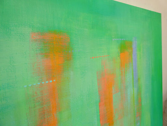 In creating this piece, Evans explored the vibrant interplay of colors to evoke renewal and growth. The vivid streaks over a lush green field represent the unstoppable force of life and energy. This color field painting expresses through abstract forms, a dynamic, uplifting spirit... invigorating its environment with a sense of freshness and vitality.