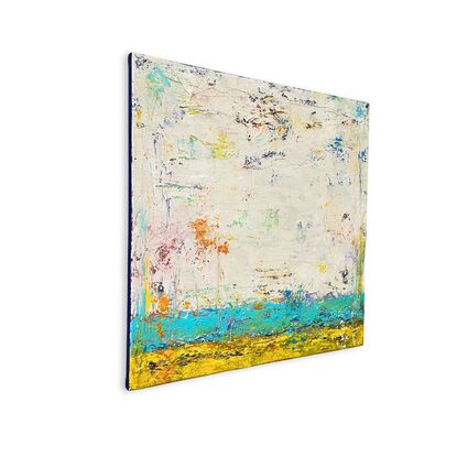 A white, blue and yellow layered abstract painting, with hints of yellows and greens.