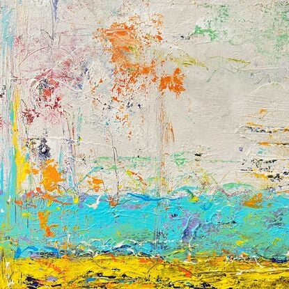 A white, blue and yellow layered abstract painting, with hints of yellows and greens.