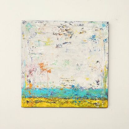 A white, blue and yellow layered abstract painting, with hints of yellows and greens.