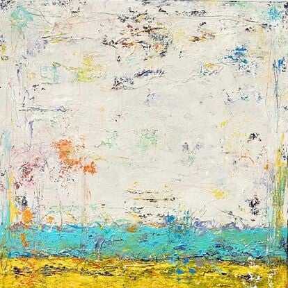 A white, blue and yellow layered abstract painting, with hints of yellows and greens.