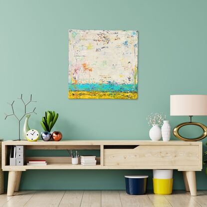 A white, blue and yellow layered abstract painting, with hints of yellows and greens.