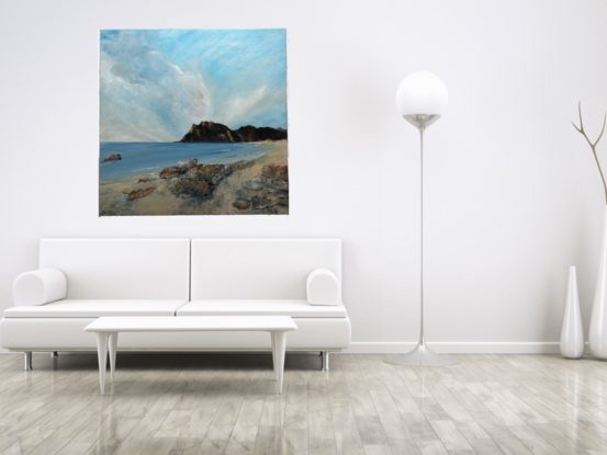 Majestic painting of a beach with a calm bay and a mountainous backdrop and awesome sky