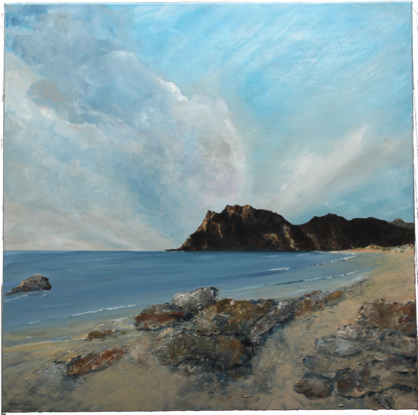 Majestic painting of a beach with a calm bay and a mountainous backdrop and awesome sky