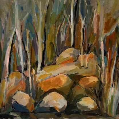 This painting is made from a river scene, the boulders and rocks rise from the rivers edge up to forest of trees.  The trees are depicted by paintbrush strokes in a variety of colours, the main trees are left as off white.  The scene is  a warm  and peaceful setting.