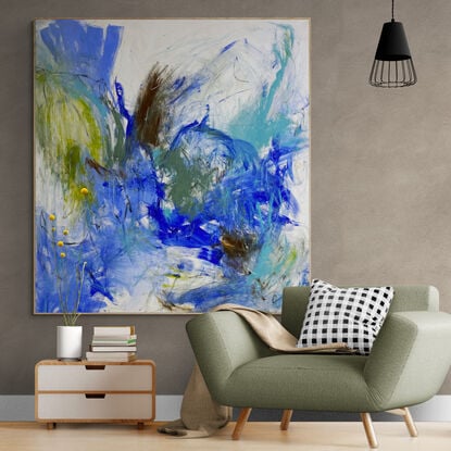 bold marks in grey, green and blue with warm earthy beige,  across the canvas suggestive of wild  landscape of valleys and open spaces made from large expressive painterly marks