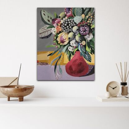 A whimsical decorative still life with Australian native flowers.
