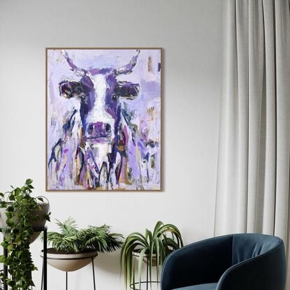 Abstract representation of a cow on large statement piece canvas framed in oak.