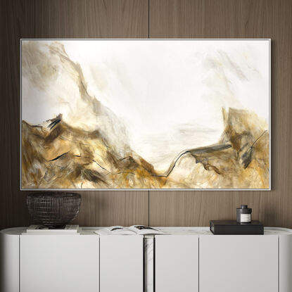 subtle warm neutral tones and white, beige, brown, tan, black, ochre mixed with grey expressive makes across the canvas.