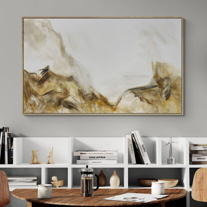 subtle warm neutral tones and white, beige, brown, tan, black, ochre mixed with grey expressive makes across the canvas.