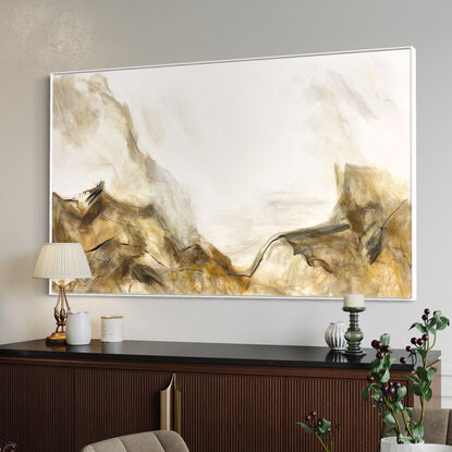 subtle warm neutral tones and white, beige, brown, tan, black, ochre mixed with grey expressive makes across the canvas.