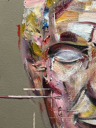 Portrait of man. Patches of bright colours. Abstract lines and shapes.