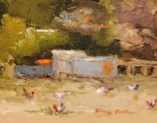 Impasto Australian bush farm scene with chickens