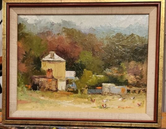 Impasto Australian bush farm scene with chickens