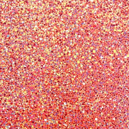 A red, orange, and yellow abstract dotted painting.