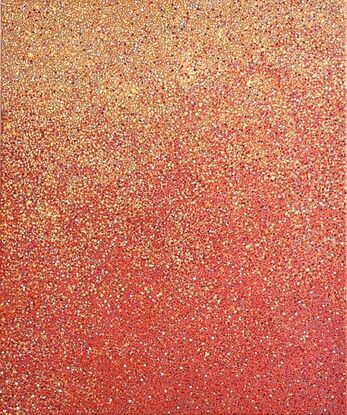 A red, orange, and yellow abstract dotted painting.