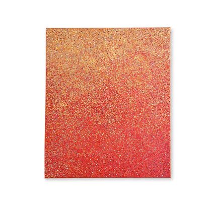 A red, orange, and yellow abstract dotted painting.