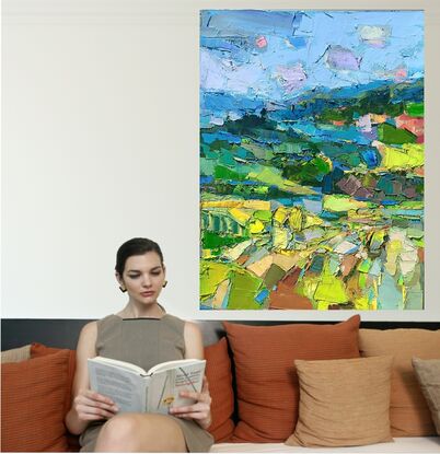 This artwork is a vibrant, abstract landscape painting. It uses a thick impasto technique, with bold, textured strokes of paint that create a mosaic of colors and shapes. 