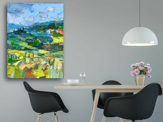 This artwork is a vibrant, abstract landscape painting. It uses a thick impasto technique, with bold, textured strokes of paint that create a mosaic of colors and shapes. 