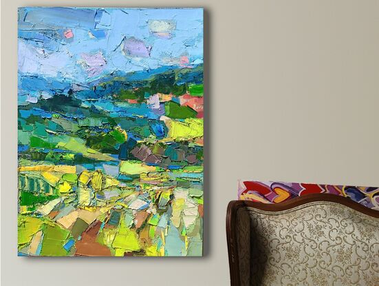 This artwork is a vibrant, abstract landscape painting. It uses a thick impasto technique, with bold, textured strokes of paint that create a mosaic of colors and shapes. 