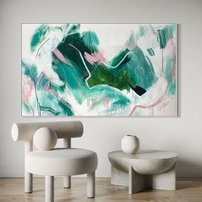 Subtle tones in green, pink, white, grey, ochre, beige and neutral tones combined with large expressive pencil and paint marks, across the canvas surface. 