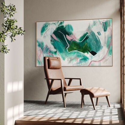 Subtle tones in green, pink, white, grey, ochre, beige and neutral tones combined with large expressive pencil and paint marks, across the canvas surface. 