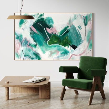 Subtle tones in green, pink, white, grey, ochre, beige and neutral tones combined with large expressive pencil and paint marks, across the canvas surface. 