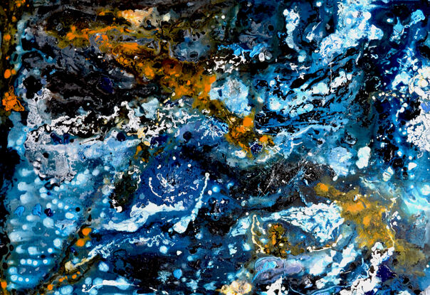 swirling flow of orange and white over deep blue hues creating abstract image of light and water