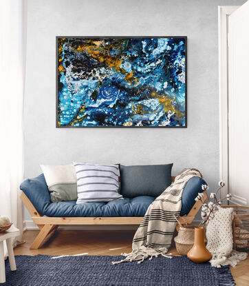 swirling flow of orange and white over deep blue hues creating abstract image of light and water