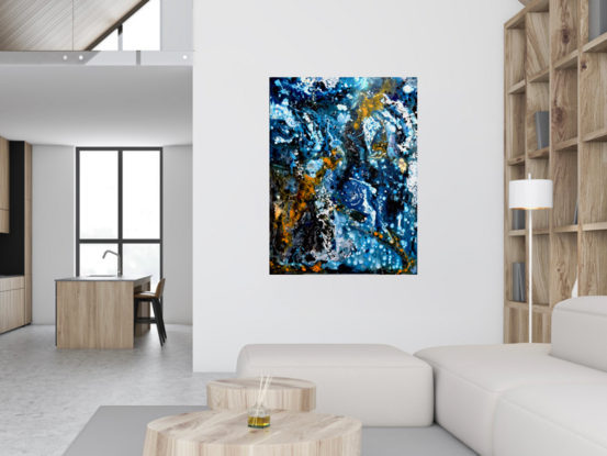 swirling flow of orange and white over deep blue hues creating abstract image of light and water