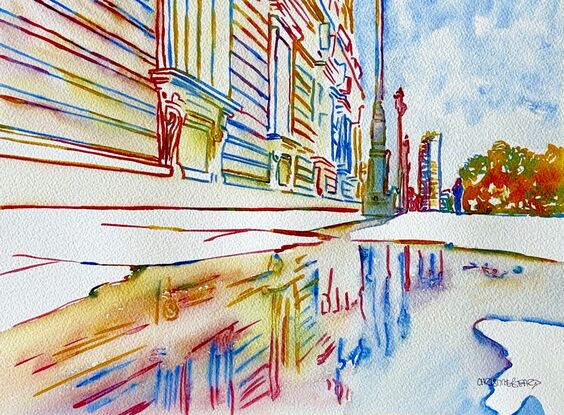 "Reflections of the Past" by Christine Beard is a striking watercolor that captures the intricate details of a historical building reflected in a shallow pool of water. The artist's use of vibrant colors and delicate line work brings out the architectural beauty of the structure, while the reflection adds a layer of depth and tranquility to the piece. This artwork elegantly bridges the past and present, making it a compelling addition for those who appreciate urban landscapes and architectural art.





