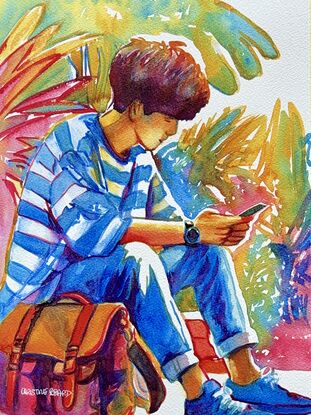 "Tropical Thoughts" by Christine Beard is a vibrant watercolor that captures a young boy deep in thought, surrounded by lush tropical foliage. The artist skillfully uses bright, dynamic colors to convey a sense of warmth and tranquility. The interplay of light and shadow, combined with the detailed rendering of the boy’s casual pose and surroundings, creates an evocative scene that resonates with the viewer. This artwork beautifully encapsulates a moment of quiet reflection in a vivid, natural setting, making it a compelling piece for those who appreciate contemporary figurative art.





