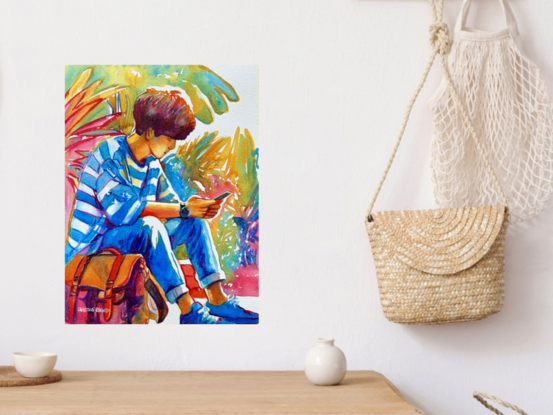 "Tropical Thoughts" by Christine Beard is a vibrant watercolor that captures a young boy deep in thought, surrounded by lush tropical foliage. The artist skillfully uses bright, dynamic colors to convey a sense of warmth and tranquility. The interplay of light and shadow, combined with the detailed rendering of the boy’s casual pose and surroundings, creates an evocative scene that resonates with the viewer. This artwork beautifully encapsulates a moment of quiet reflection in a vivid, natural setting, making it a compelling piece for those who appreciate contemporary figurative art.





