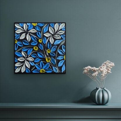 textured acrylic floral in vivid blue and lime yellow on a textured  black background