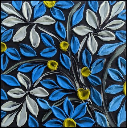 textured acrylic floral in vivid blue and lime yellow on a textured  black background