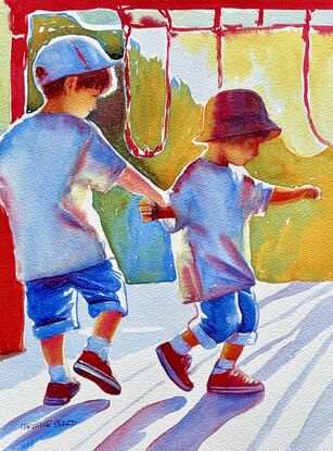 "Playful Steps" by Christine Beard captures the joyful spontaneity of childhood, as two young siblings engage in a playful dance under the warm sun. This watercolor painting brings to life the vibrant colors of a summer day, with the interplay of light and shadow adding depth and movement to the scene. The children, dressed in casual blue and red outfits, symbolize innocence and the boundless energy of youth. Beard’s masterful use of color and composition evokes a sense of nostalgia, making this artwork a beautiful celebration of carefree childhood moments.





